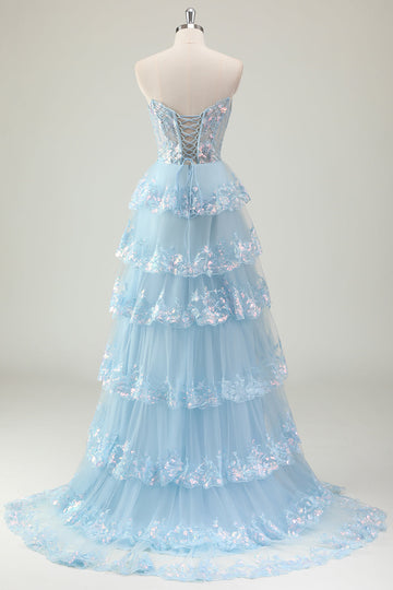 Glitter Blu A Line senza spalline paillettes corsetto Tiered Abito lungo da ballo